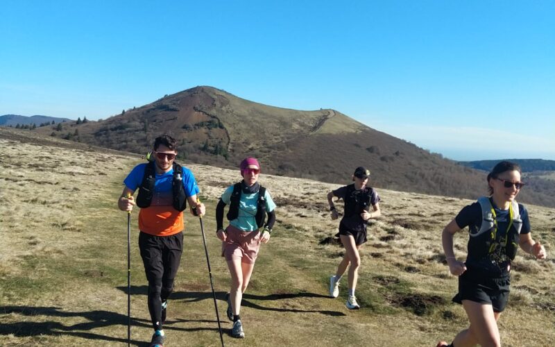 Groupe de trailers sur un sentier dans les Volcans d'Auvergne.
